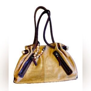 Tan Leather Beaded Purse, Dark Brown Handles.